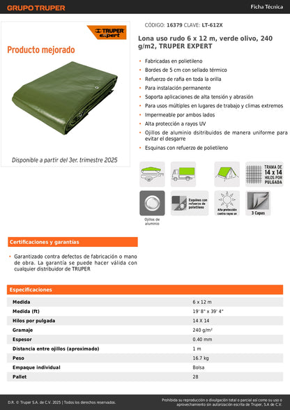 Lona Uso Rudo TRUPER EXPERT 6x12m Verde Olivo 240g/m² - Protección Impermeable UV para Construcción y Climas Extremos