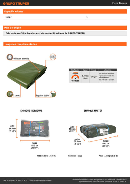 Lona Uso Rudo TRUPER EXPERT 6x12m Verde Olivo 240g/m² - Protección Impermeable UV para Construcción y Climas Extremos