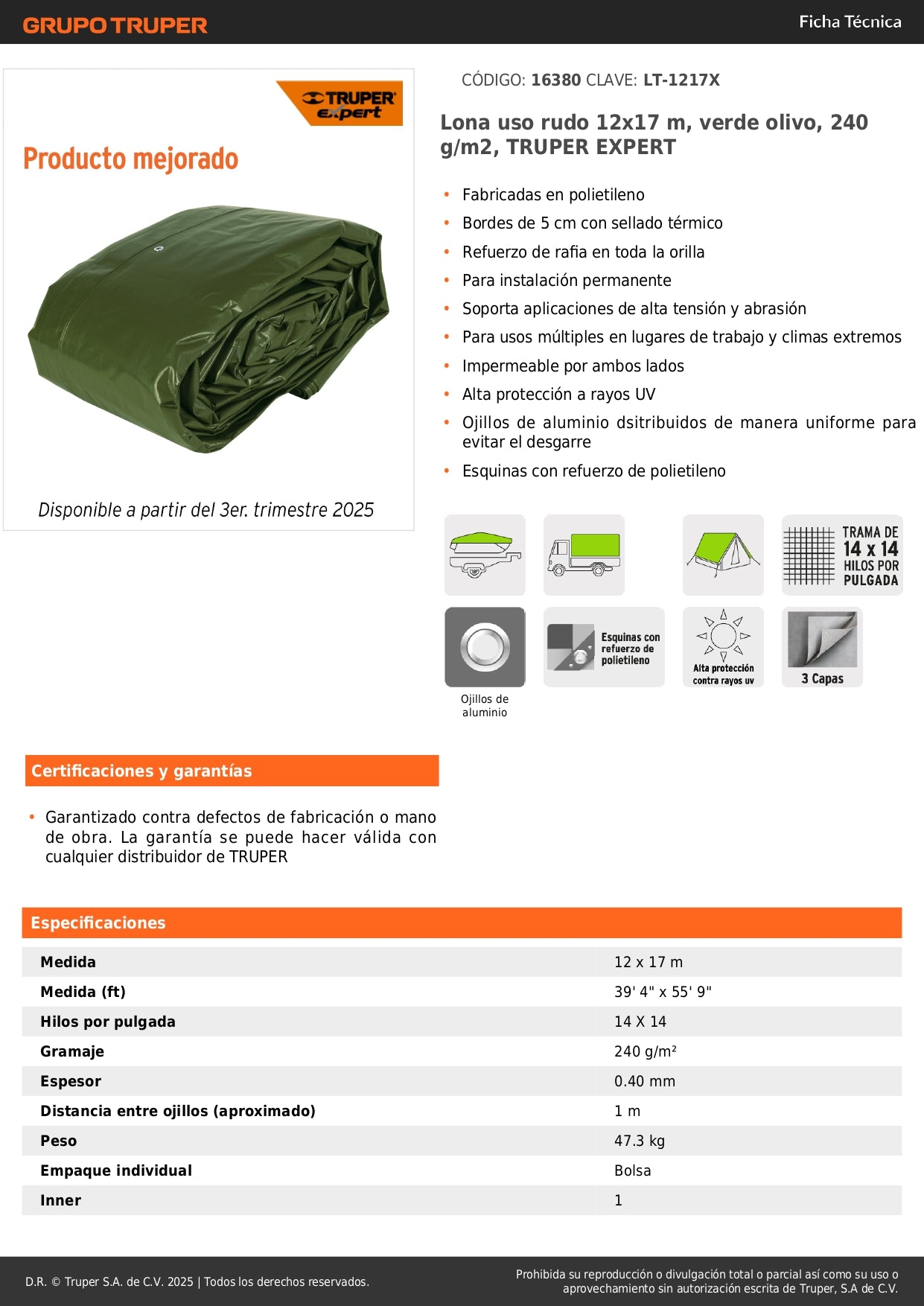 Lona Uso Rudo 12x17m Verde Olivo TRUPER EXPERT - Protección Impermeable UV Resistente para Construcción y Climas Extremos - 240g/m² Polietileno Reforzado