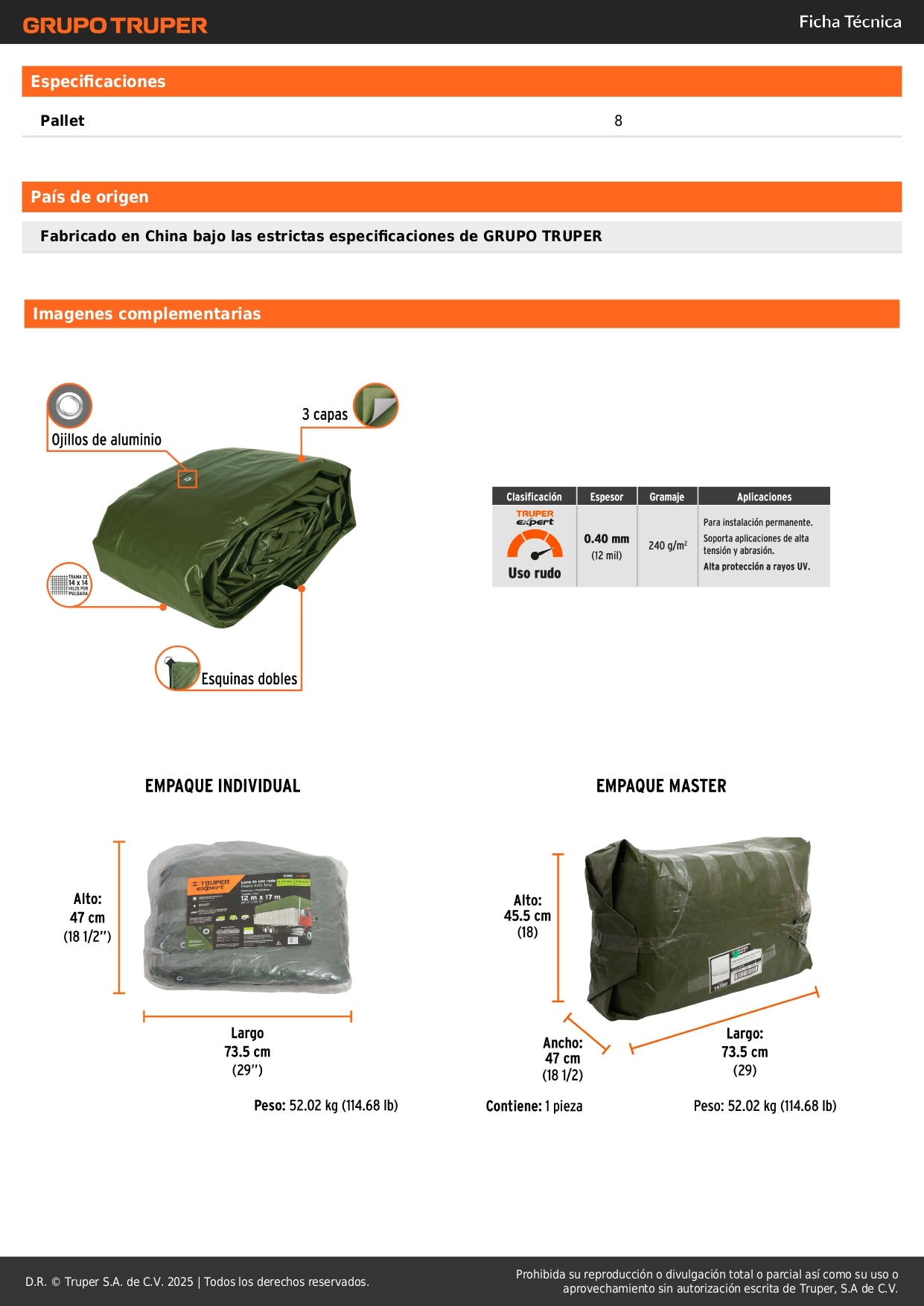 Lona Uso Rudo 12x17m Verde Olivo TRUPER EXPERT - Protección Impermeable UV Resistente para Construcción y Climas Extremos - 240g/m² Polietileno Reforzado