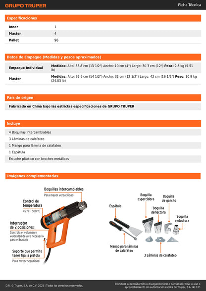 Pistola de Calor Industrial TRUPER PRO 2000W con 9 Accesorios - Solución Profesional para Remover Pintura, Descongelar Tuberías y Trabajos Térmicos - PISCA-A