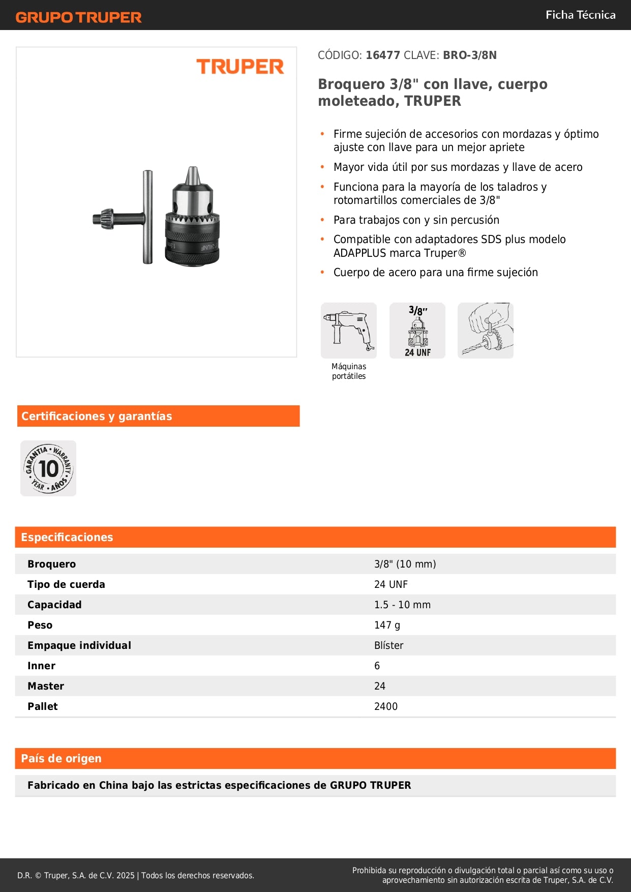 Broquero 3/8" con llave, cuerpo moleteado, TRUPER