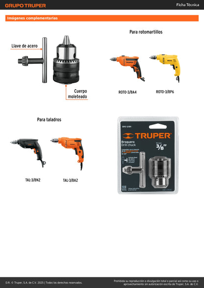 Broquero 3/8" con llave, cuerpo moleteado, TRUPER