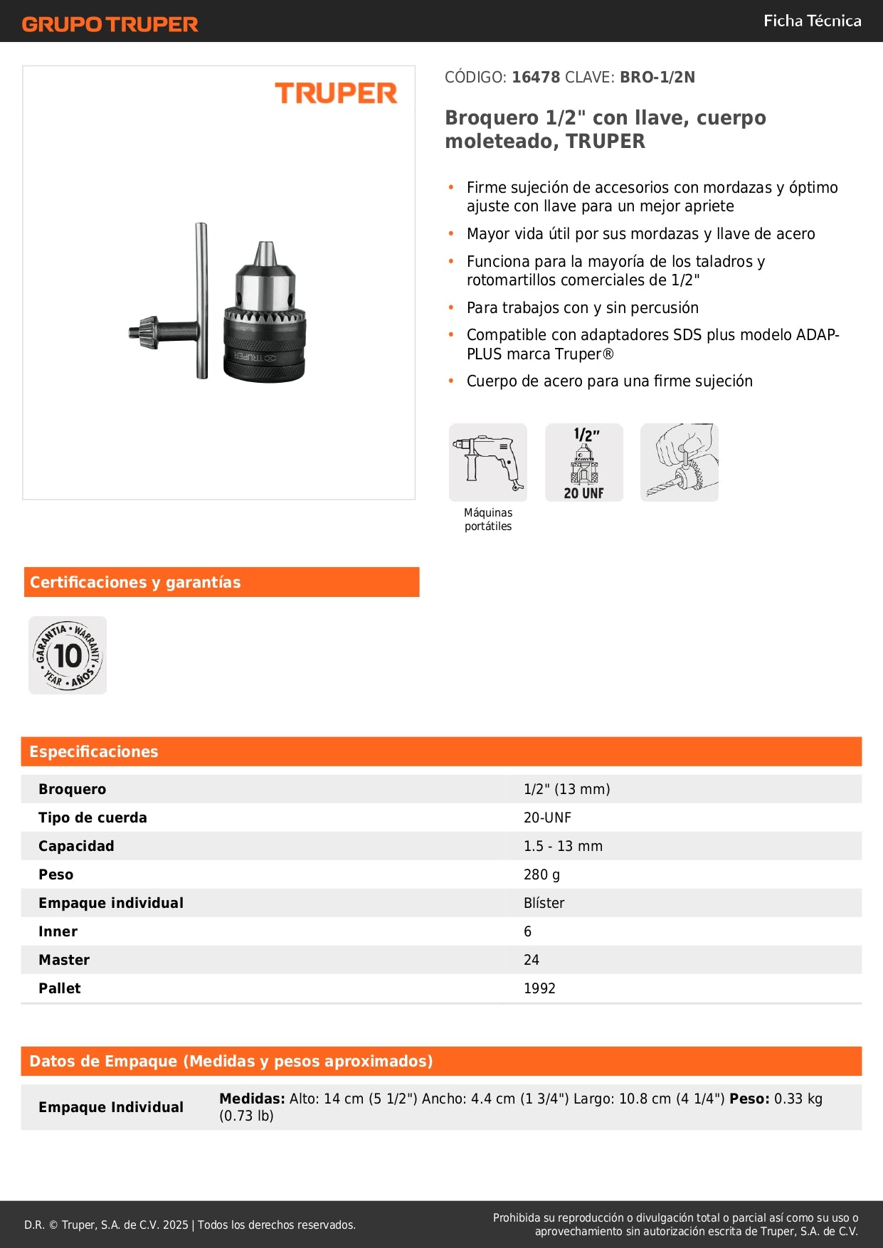 Broquero 1/2" con llave, cuerpo moleteado, TRUPER