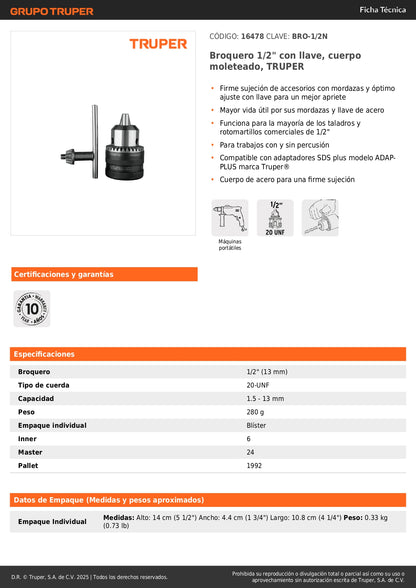 Broquero 1/2" con llave, cuerpo moleteado, TRUPER