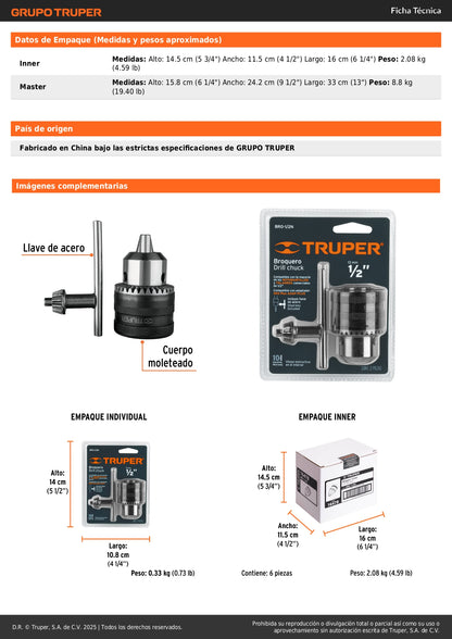 Broquero 1/2" con llave, cuerpo moleteado, TRUPER