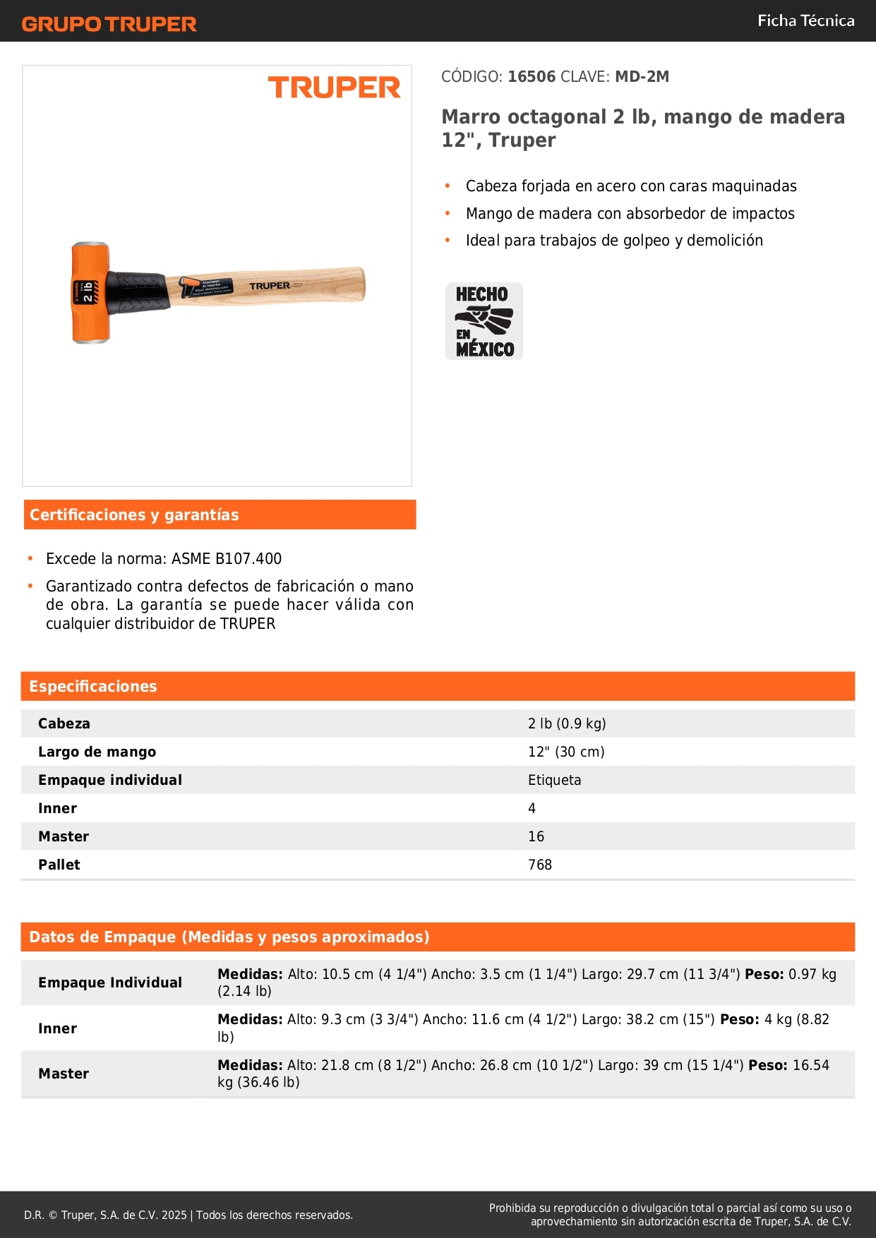 Marro Octagonal 2 lb Truper MD-2M - Herramienta Profesional para Demolición y Golpeo con Mango de Madera 12 Pulgadas