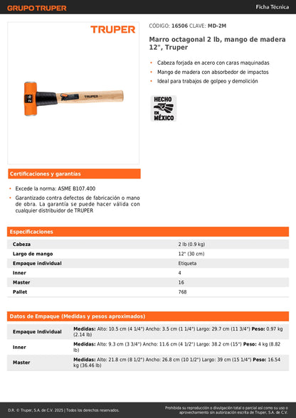Marro Octagonal 2 lb Truper MD-2M - Herramienta Profesional para Demolición y Golpeo con Mango de Madera 12 Pulgadas