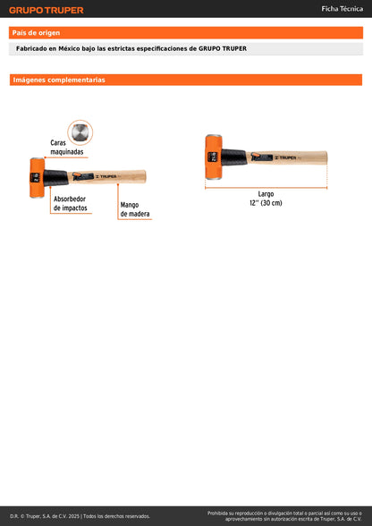 Marro Octagonal 2 lb Truper MD-2M - Herramienta Profesional para Demolición y Golpeo con Mango de Madera 12 Pulgadas