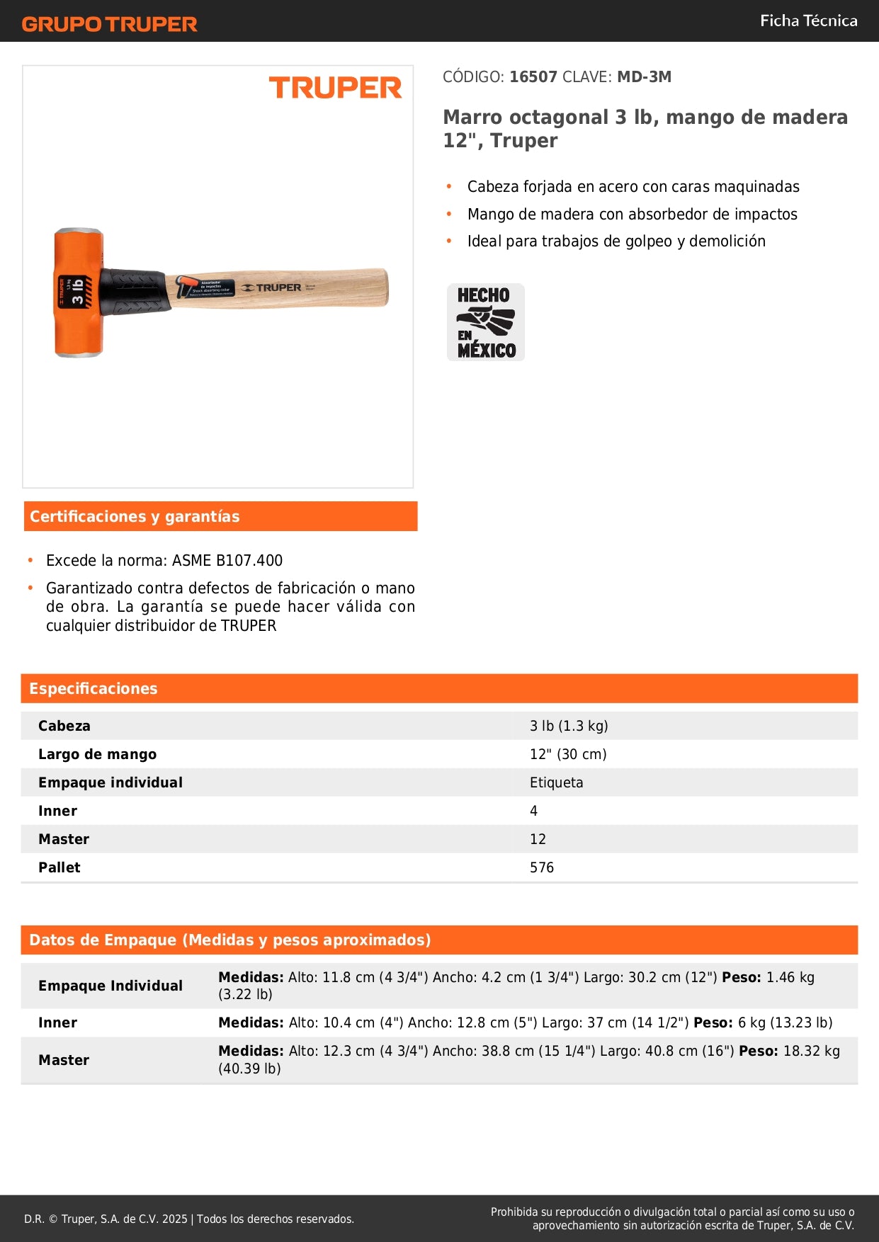 Marro Octagonal 3 lb Truper MD-3M - Cabeza Forjada Acero - Mango Madera 12 Pulgadas - Herramienta Demolición Profesional
