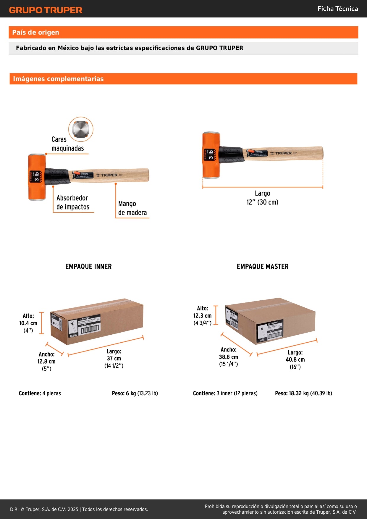 Marro Octagonal 3 lb Truper MD-3M - Cabeza Forjada Acero - Mango Madera 12 Pulgadas - Herramienta Demolición Profesional