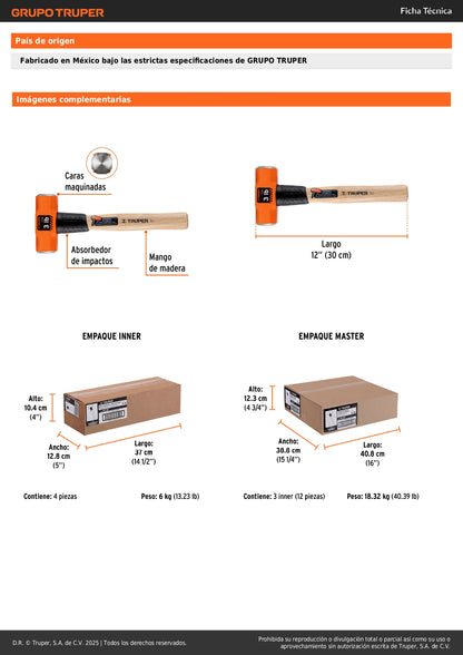 Marro Octagonal 3 lb Truper MD-3M - Cabeza Forjada Acero - Mango Madera 12 Pulgadas - Herramienta Demolición Profesional