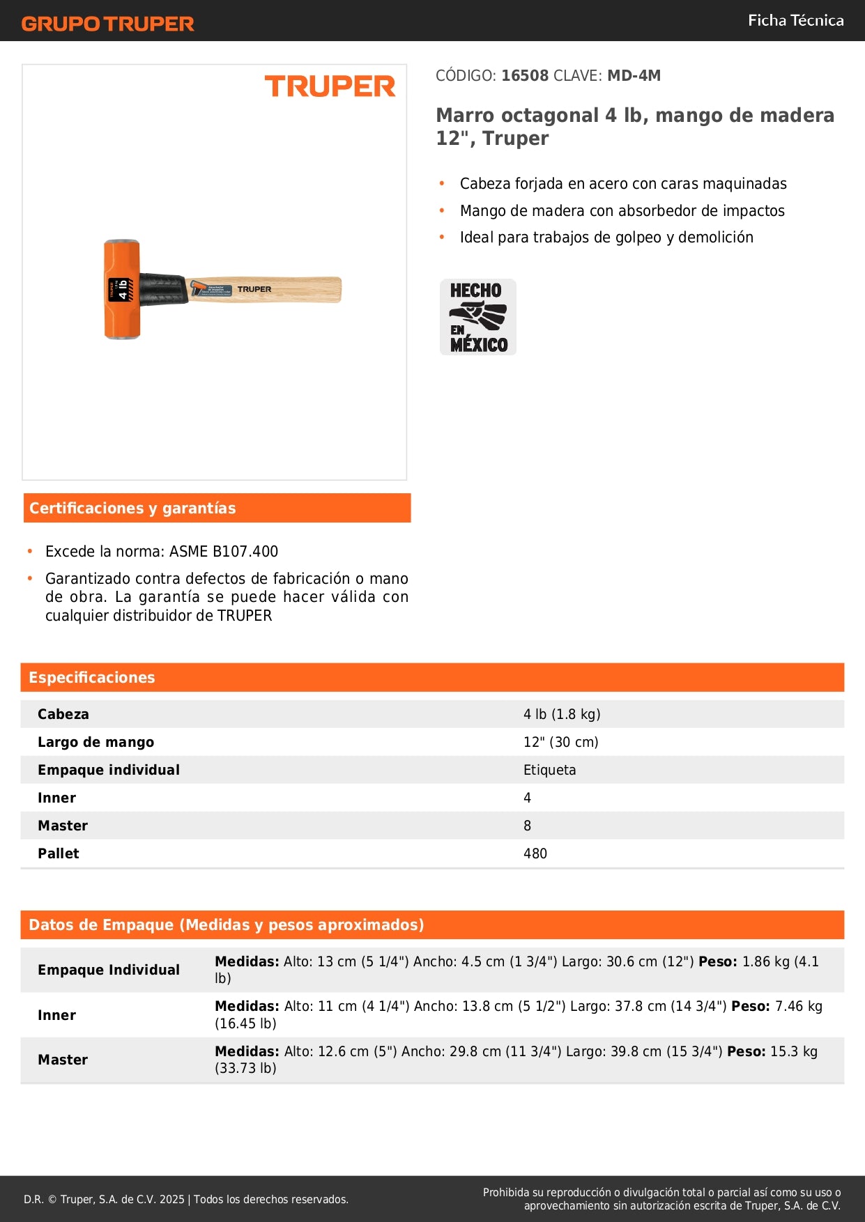Marro Octagonal 4 lb Truper MD-4M - Cabeza Forjada Acero - Mango Madera 12" - Herramienta Demolición Profesional