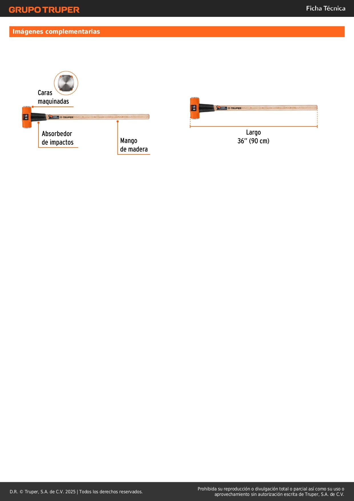 Marro Octagonal 8 lb Truper MD-8M - Herramienta Profesional para Demolición y Golpeo Pesado con Mango 36 Pulgadas