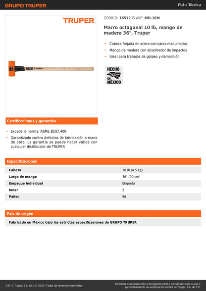 Marro Octagonal 10 lb Truper MD-10M - Herramienta Profesional para Demolición y Golpeo Pesado con Mango de Madera 36 Pulgadas