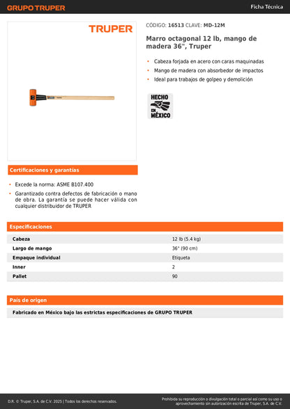 Marro Octagonal 12 lb Truper MD-12M - Herramienta Profesional para Demolición y Golpeo Pesado con Mango de Madera 36 Pulgadas