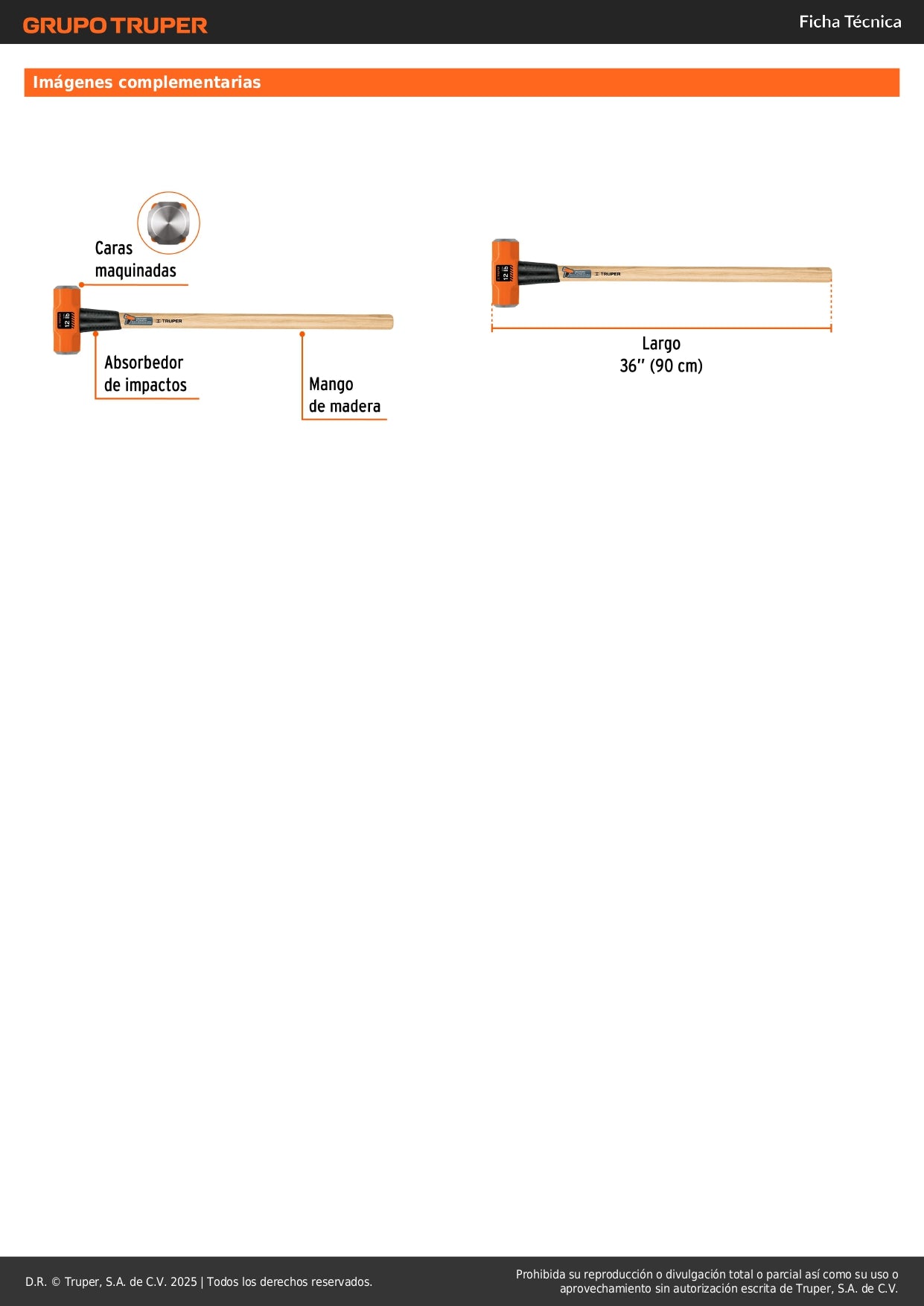 Marro Octagonal 12 lb Truper MD-12M - Herramienta Profesional para Demolición y Golpeo Pesado con Mango de Madera 36 Pulgadas