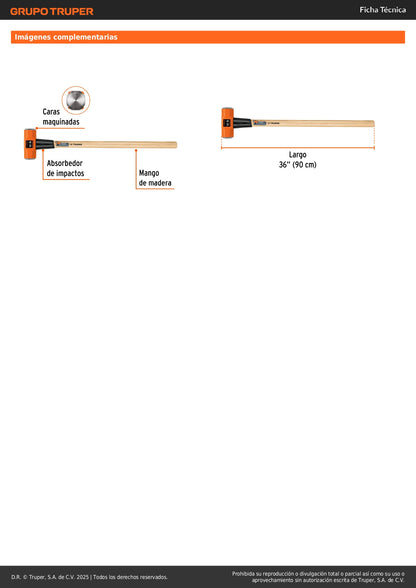 Marro Octagonal 12 lb Truper MD-12M - Herramienta Profesional para Demolición y Golpeo Pesado con Mango de Madera 36 Pulgadas