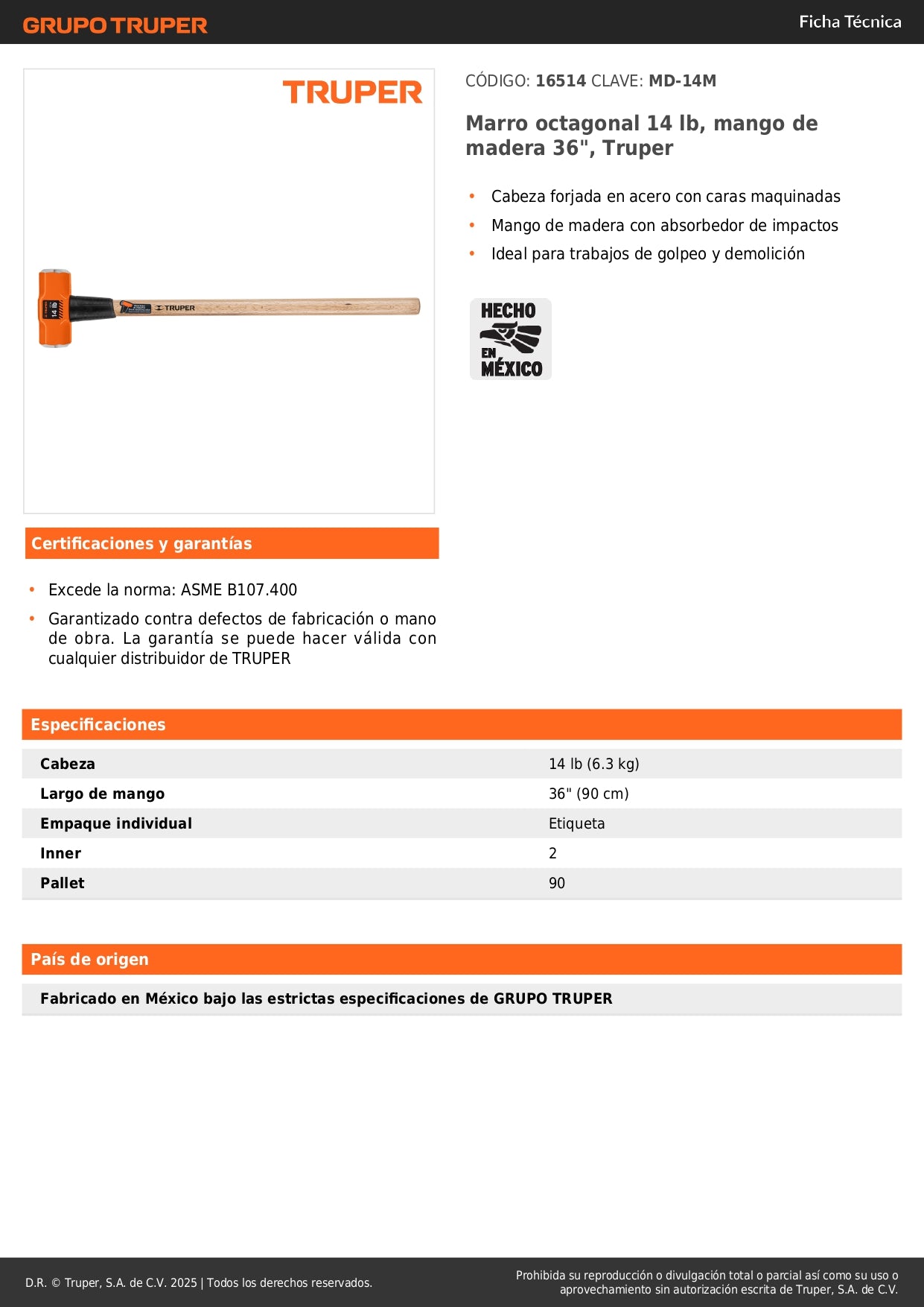 Marro Octagonal 14 lb Truper MD-14M - Herramienta Profesional para Demolición y Golpeo Pesado con Mango de Madera 36 Pulgadas