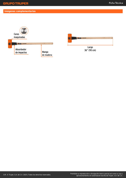 Marro Octagonal 14 lb Truper MD-14M - Herramienta Profesional para Demolición y Golpeo Pesado con Mango de Madera 36 Pulgadas