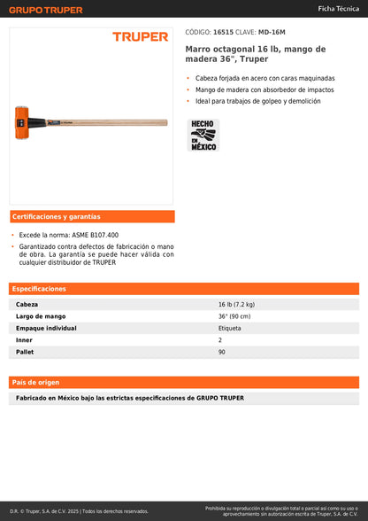 Marro Octagonal 16 lb Truper MD-16M - Herramienta Profesional para Demolición y Golpeo Pesado con Mango de Madera 36 Pulgadas