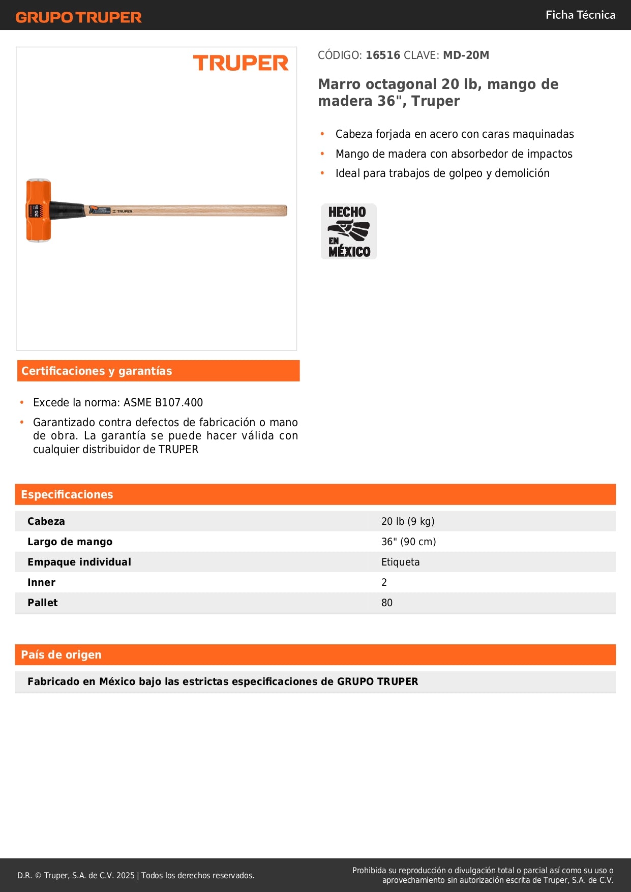 Marro Octagonal 20 lb Truper MD-20M - Herramienta Profesional para Demolición y Golpeo Pesado con Mango de Madera 36 Pulgadas