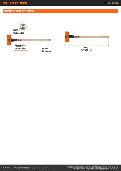 Marro Octagonal 20 lb Truper MD-20M - Herramienta Profesional para Demolición y Golpeo Pesado con Mango de Madera 36 Pulgadas