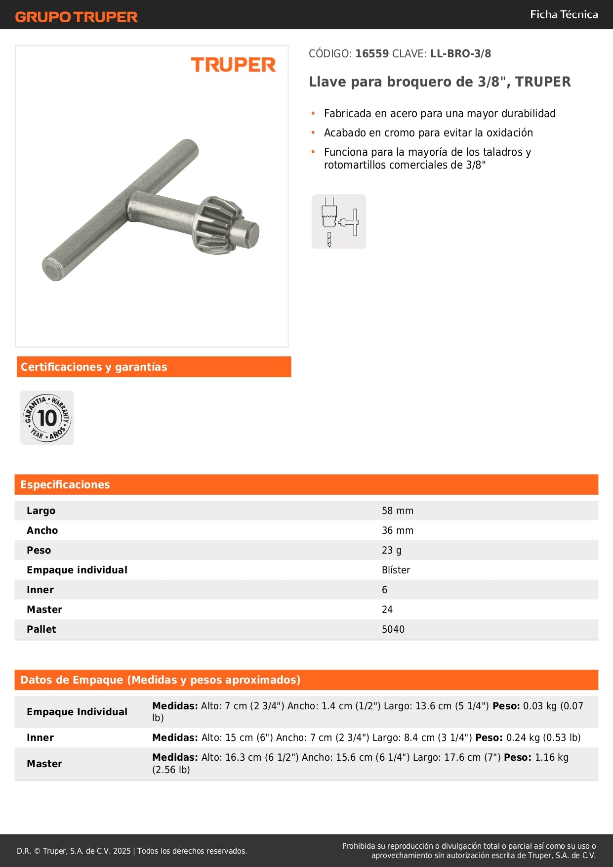 Llave para broquero de 3/8", TRUPER