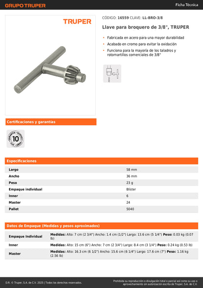 Llave para broquero de 3/8", TRUPER