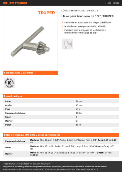 Llave para broquero de 1/2", TRUPER