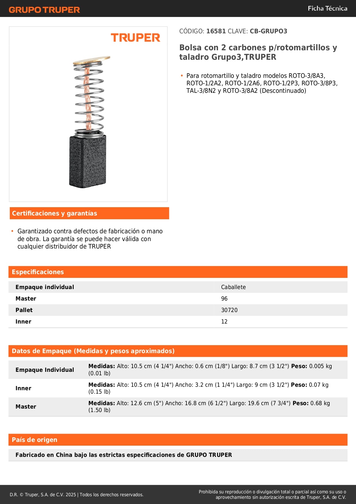 Bolsa con 2 carbones p/rotomartillos y taladro Grupo3,TRUPER