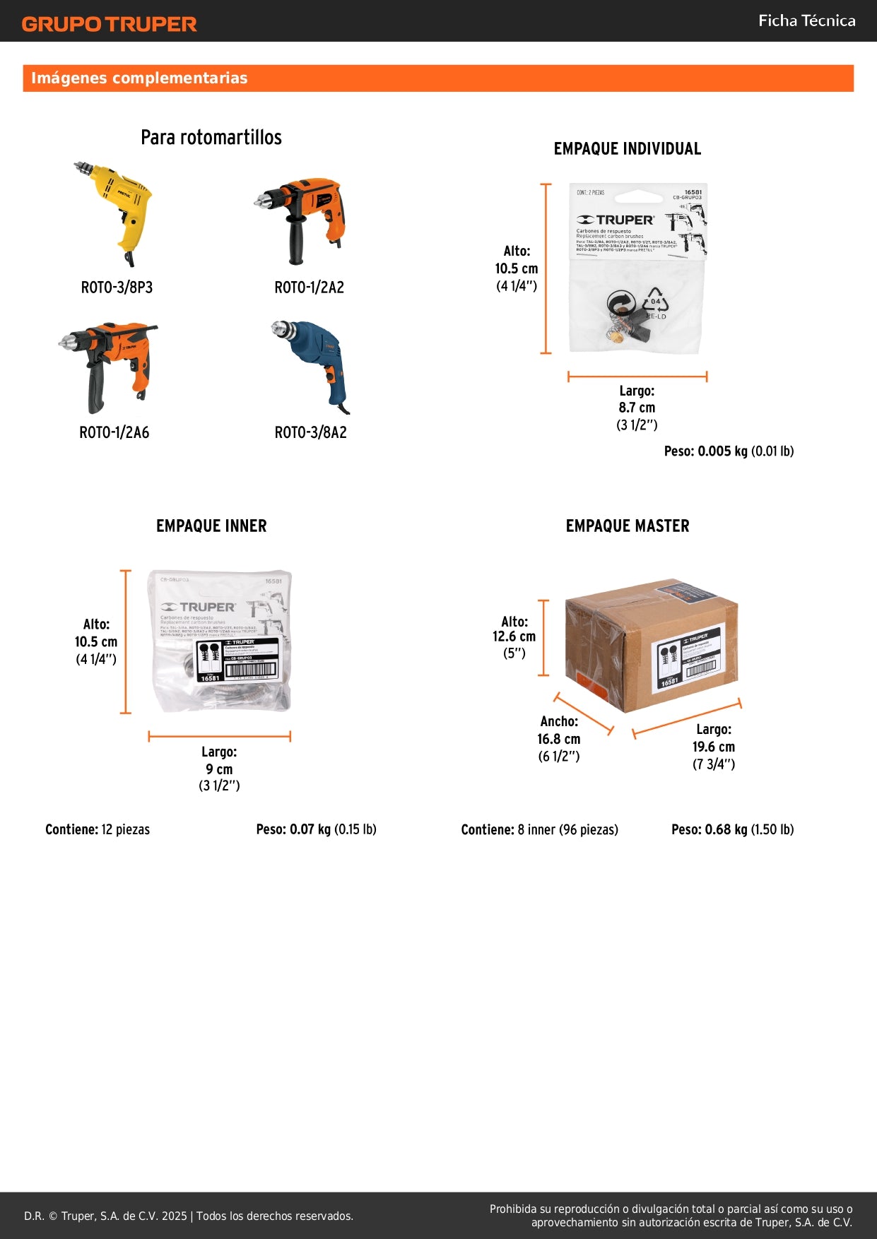 Bolsa con 2 carbones p/rotomartillos y taladro Grupo3,TRUPER
