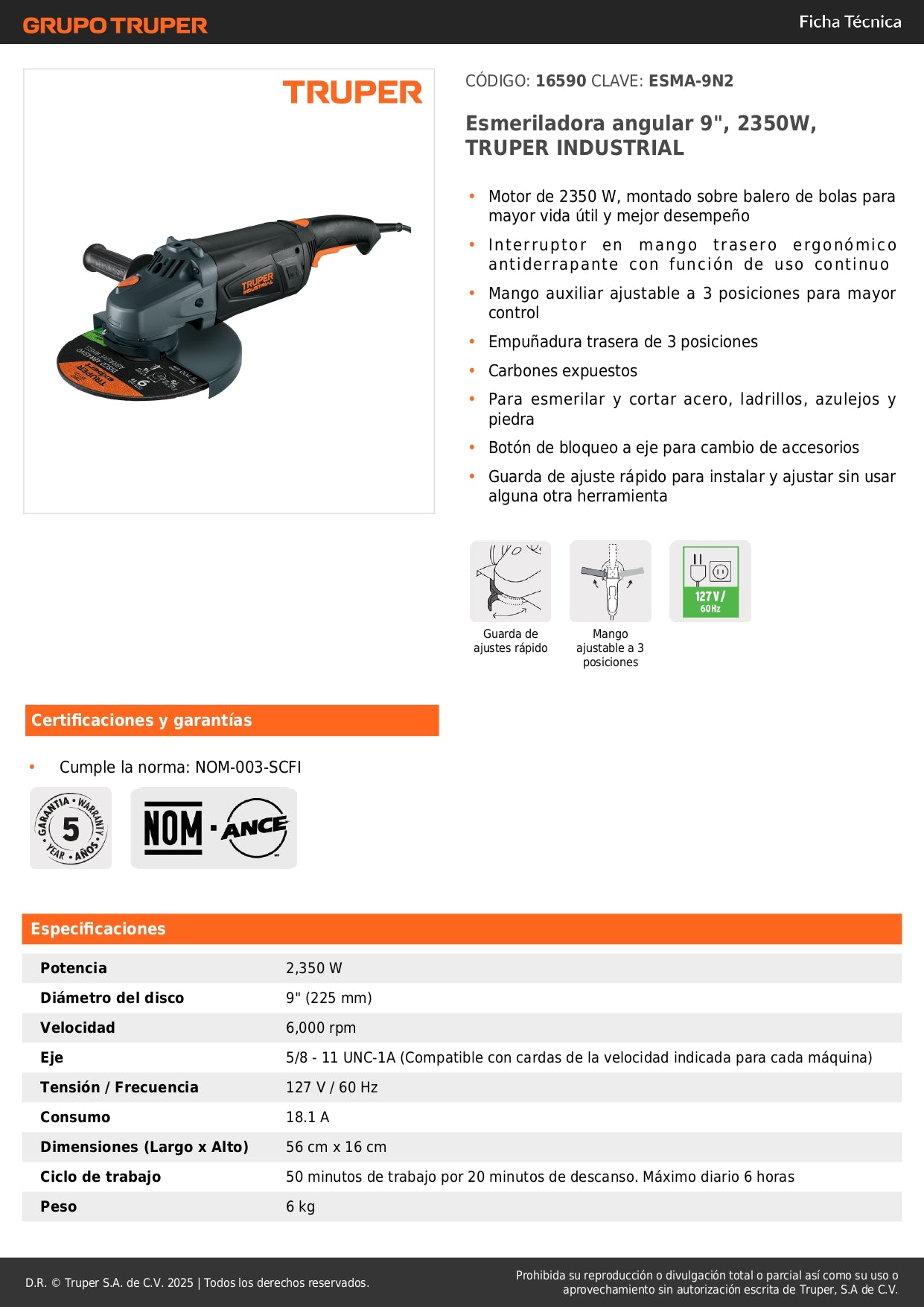 Esmeriladora Angular 9 Pulgadas 2350W TRUPER INDUSTRIAL ESMA-9N2 - Motor Potente con Baleros de Bolas y Mango Ergonómico