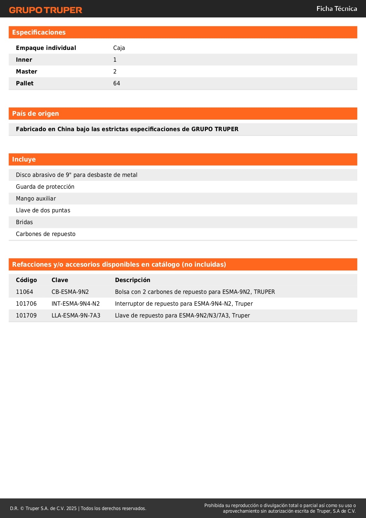 Esmeriladora Angular 9 Pulgadas 2350W TRUPER INDUSTRIAL ESMA-9N2 - Motor Potente con Baleros de Bolas y Mango Ergonómico