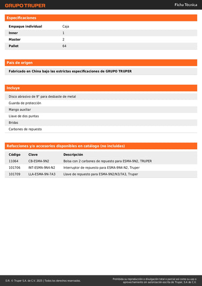 Esmeriladora Angular 9 Pulgadas 2350W TRUPER INDUSTRIAL ESMA-9N2 - Motor Potente con Baleros de Bolas y Mango Ergonómico