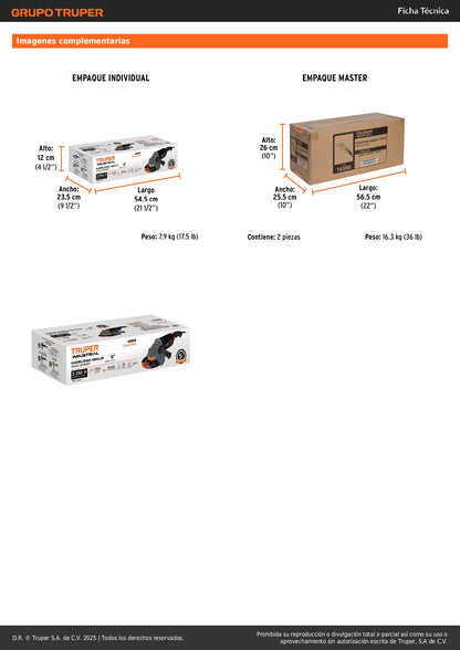 Esmeriladora Angular 9 Pulgadas 2350W TRUPER INDUSTRIAL ESMA-9N2 - Motor Potente con Baleros de Bolas y Mango Ergonómico