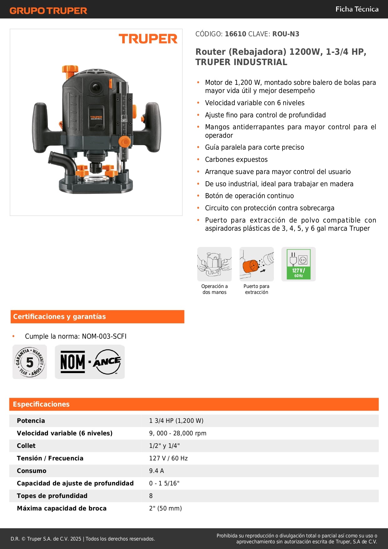 Router Rebajadora Industrial Truper ROU-N3 1200W 1-3/4 HP - Herramienta Profesional para Carpintería y Trabajos en Madera con Control de Velocidad Variable
