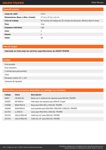 Router Rebajadora Industrial Truper ROU-N3 1200W 1-3/4 HP - Herramienta Profesional para Carpintería y Trabajos en Madera con Control de Velocidad Variable