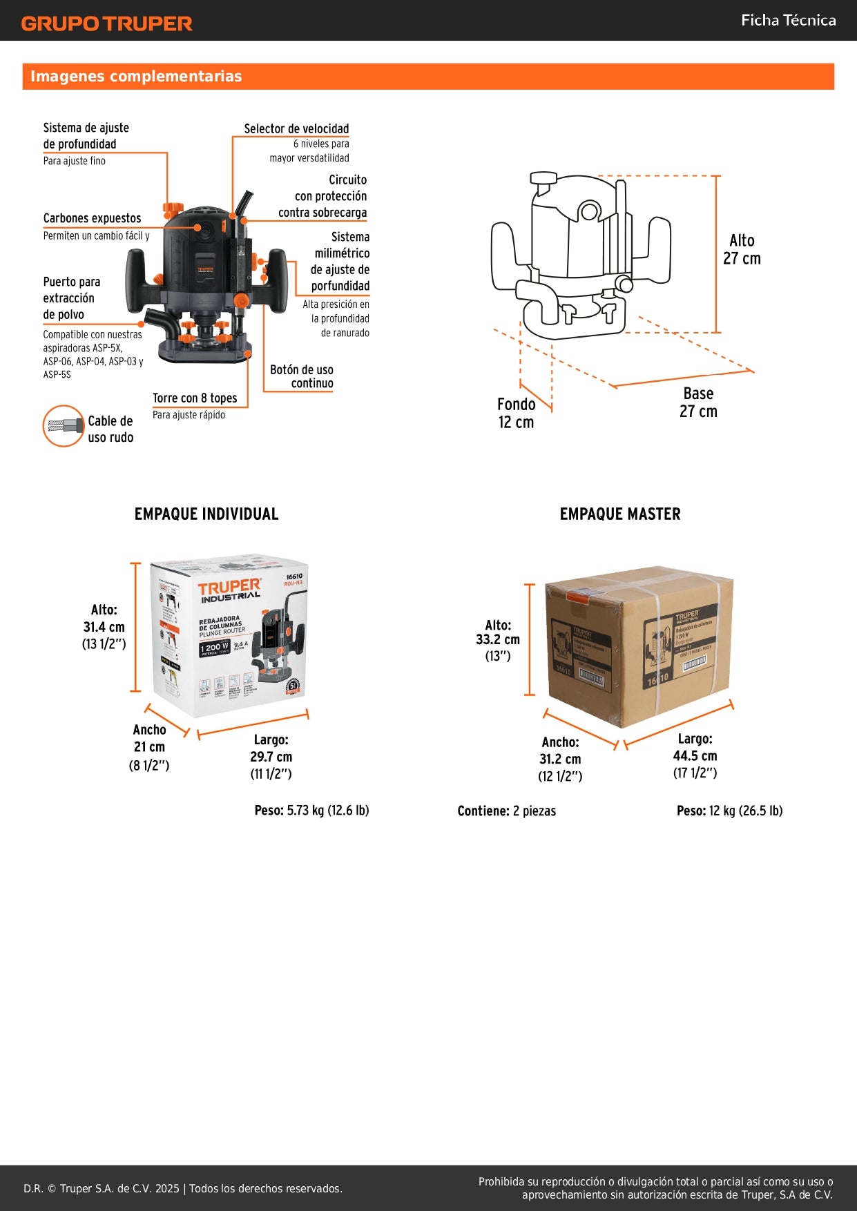 Router Rebajadora Industrial Truper ROU-N3 1200W 1-3/4 HP - Herramienta Profesional para Carpintería y Trabajos en Madera con Control de Velocidad Variable