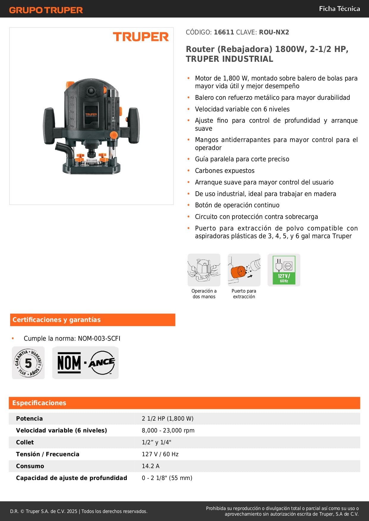 Router Industrial Truper 1800W ROU-NX2 - Rebajadora Profesional 2.5HP Velocidad Variable para Carpintería y Trabajos en Madera