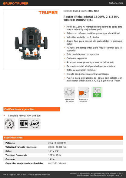 Router Industrial Truper 1800W ROU-NX2 - Rebajadora Profesional 2.5HP Velocidad Variable para Carpintería y Trabajos en Madera