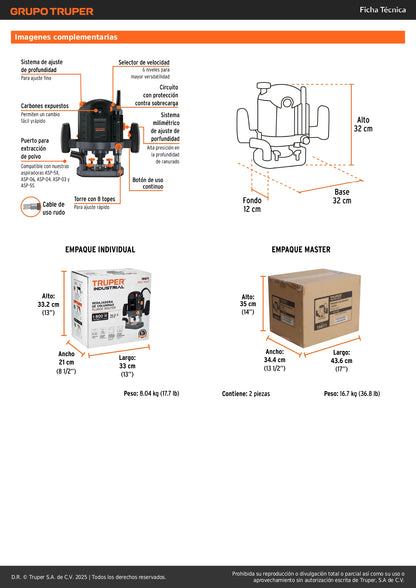 Router Industrial Truper 1800W ROU-NX2 - Rebajadora Profesional 2.5HP Velocidad Variable para Carpintería y Trabajos en Madera