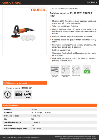 Pulidora Rotativa TRUPER 7 Pulgadas 1200W - Profesional para Pulido de Autos, Metales y Fibra de Vidrio - Velocidad Variable 7 Niveles - PULA-7A3
