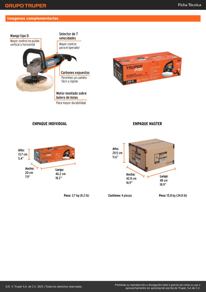 Pulidora Rotativa TRUPER 7 Pulgadas 1200W - Profesional para Pulido de Autos, Metales y Fibra de Vidrio - Velocidad Variable 7 Niveles - PULA-7A3