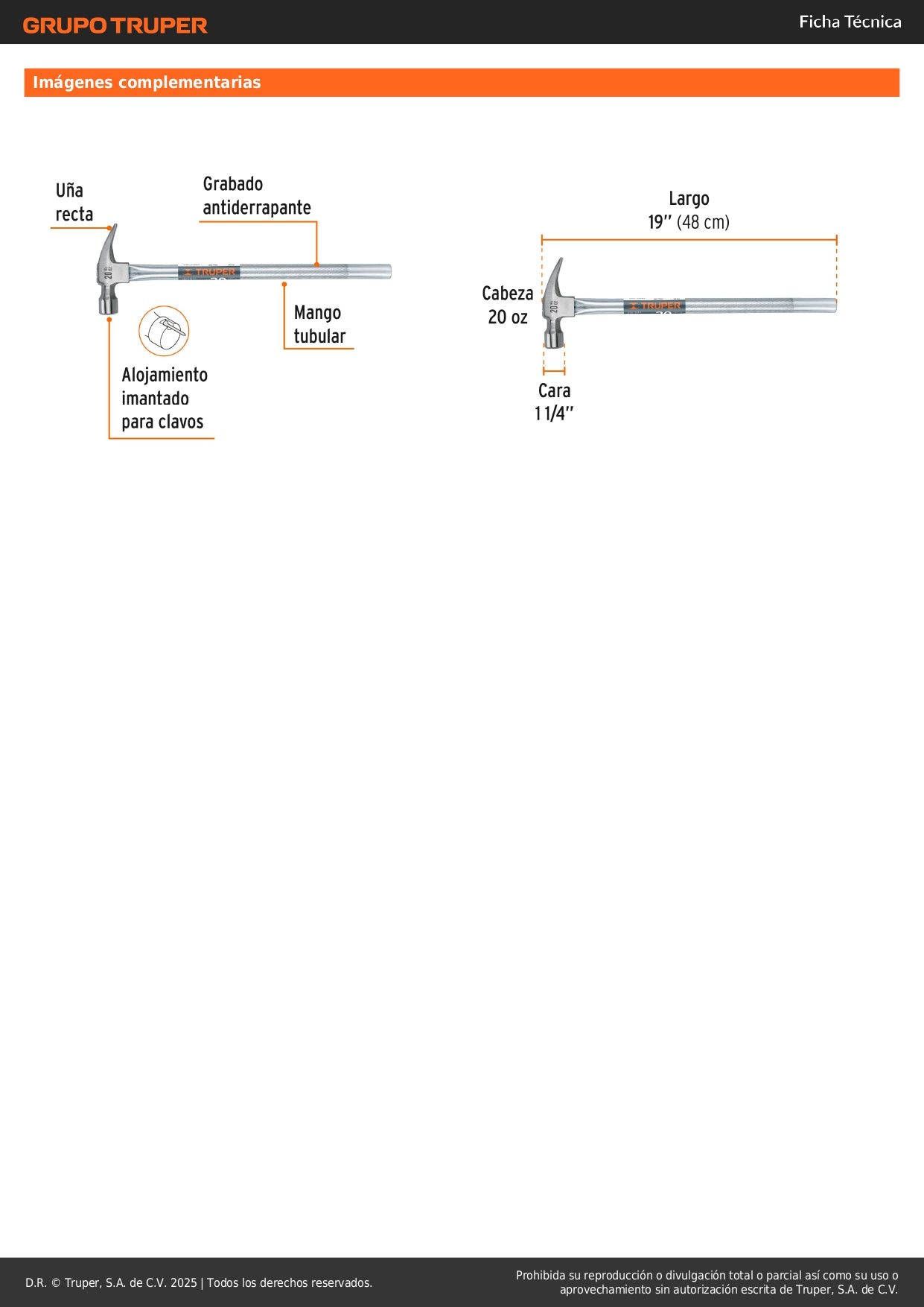Martillo Tubular Pulido 20 oz MTR-20X - Cabeza Imantada Antiderrapante para Clavar y Extraer Clavos Profesional