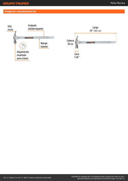 Martillo Tubular Pulido 20 oz MTR-20X - Cabeza Imantada Antiderrapante para Clavar y Extraer Clavos Profesional