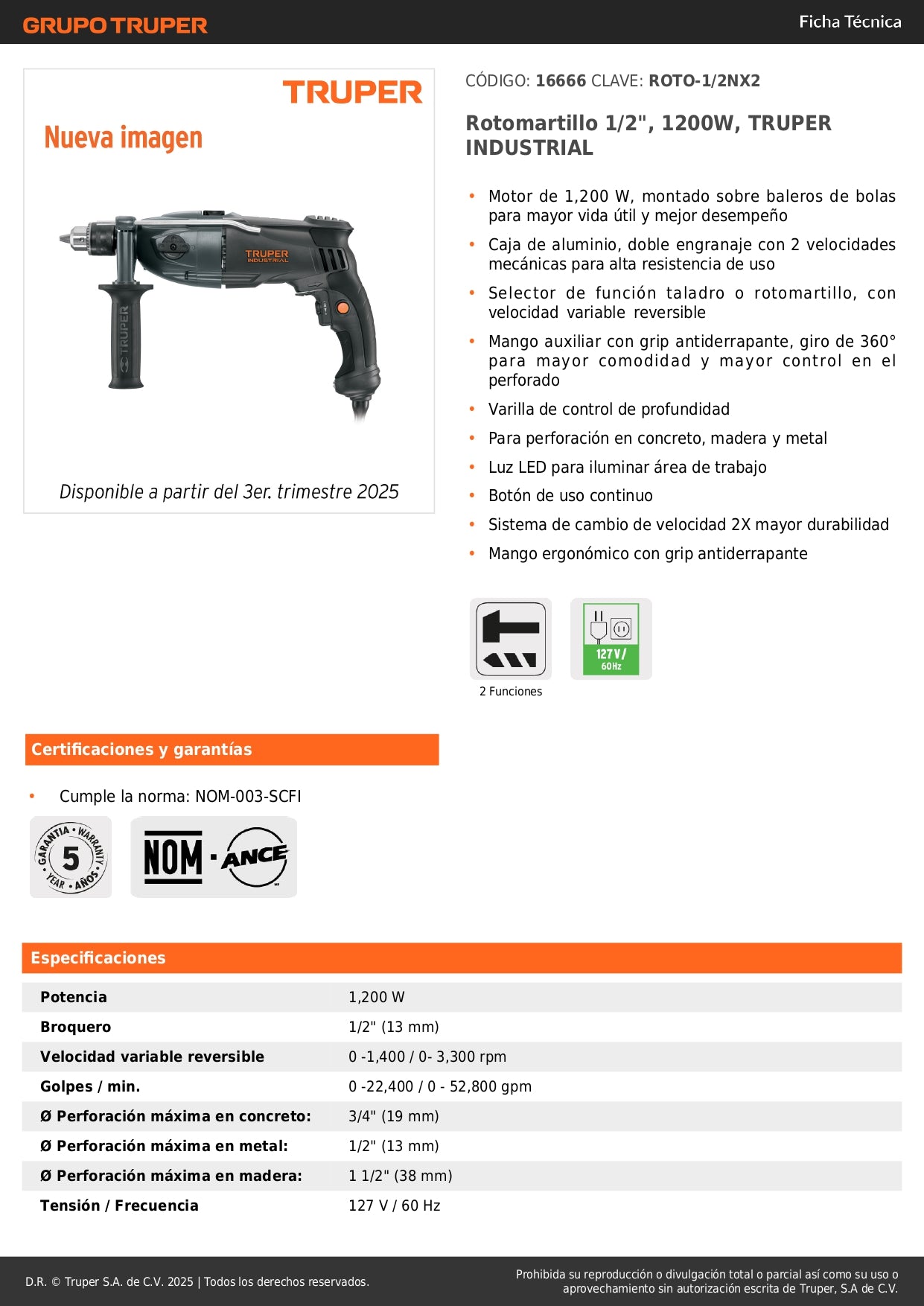 Rotomartillo TRUPER INDUSTRIAL 1/2" 1200W - Taladro Percutor Profesional con Doble Velocidad y Control de Profundidad