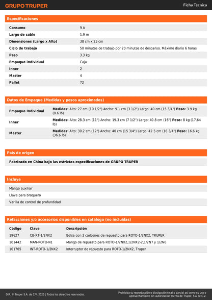 Rotomartillo TRUPER INDUSTRIAL 1/2" 1200W - Taladro Percutor Profesional con Doble Velocidad y Control de Profundidad