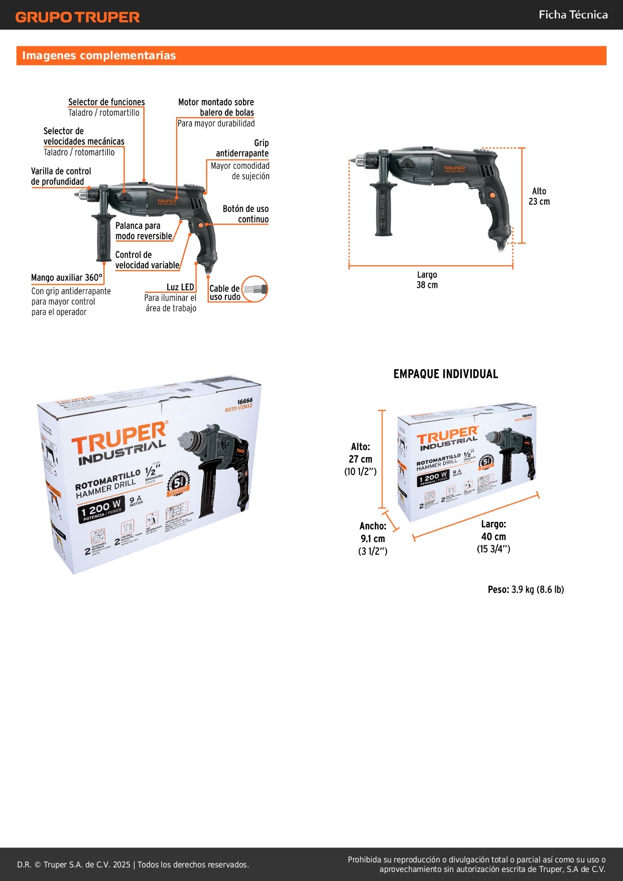 Rotomartillo TRUPER INDUSTRIAL 1/2" 1200W - Taladro Percutor Profesional con Doble Velocidad y Control de Profundidad