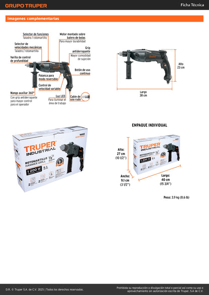 Rotomartillo TRUPER INDUSTRIAL 1/2" 1200W - Taladro Percutor Profesional con Doble Velocidad y Control de Profundidad